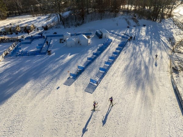 Cross-country skiers ski acros the park