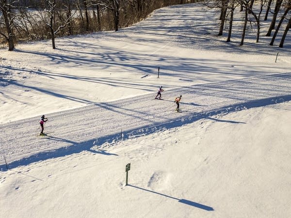 Cross-country skiers ski acros the park