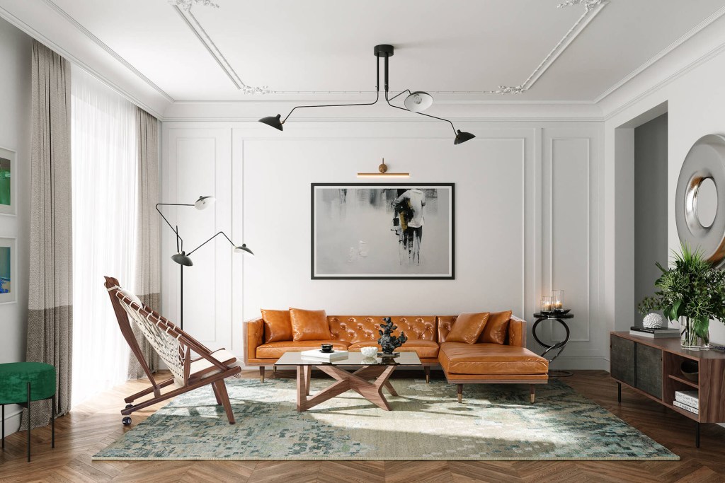 A beautiful living room with a brown leather couch, lamps on the ceiling and corner and a large blue rug 