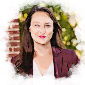 Headshot of Darden Professor Lauren Kaufmann rendered in the style of a watercolor painting.