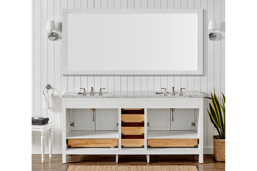 A white wall with a large mirror and a double sink with white and wood panels 